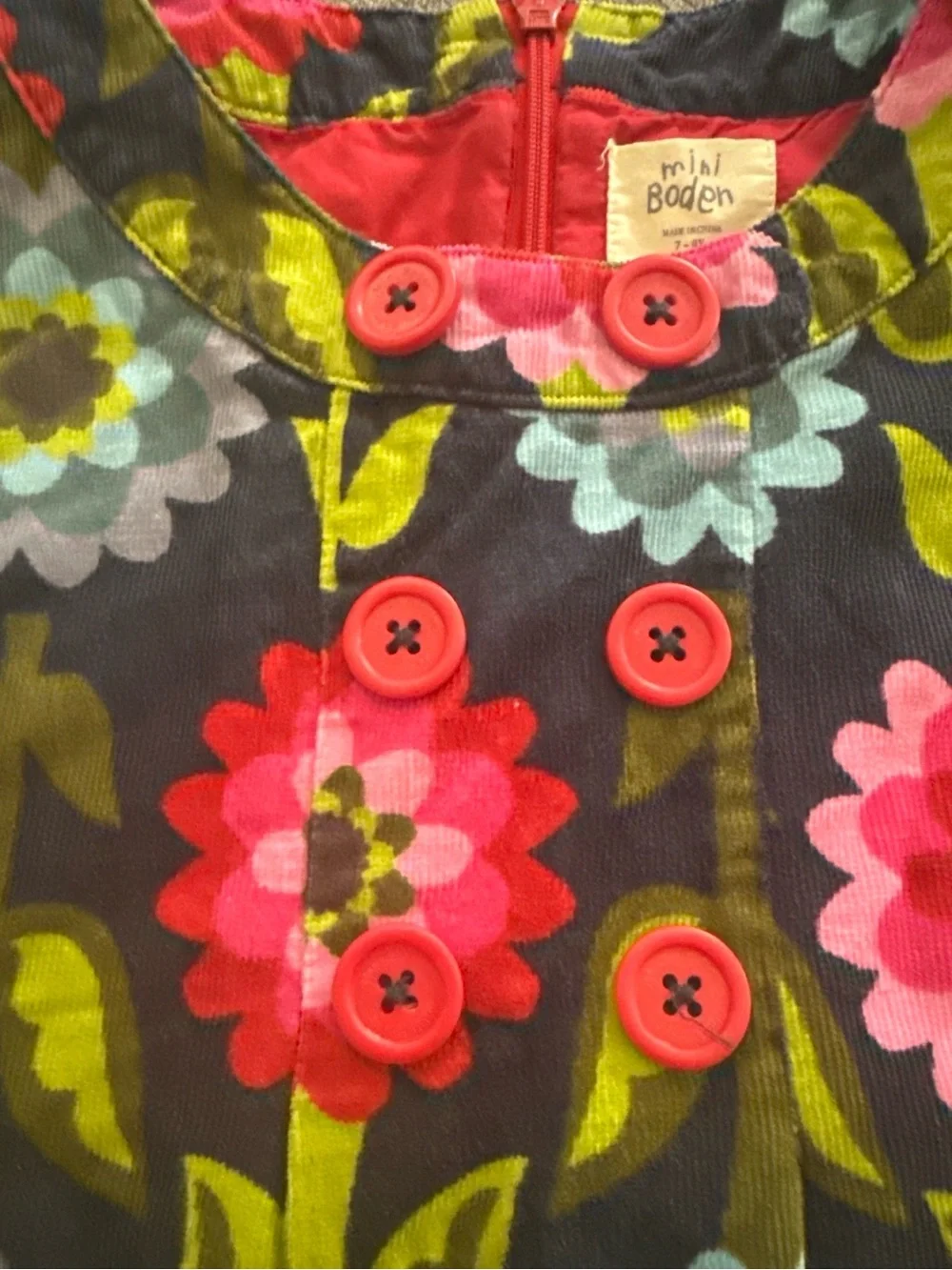 EUC Mini Boden Girls Navy Floral Corduroy Dress - Pink, Red, Blue & Green